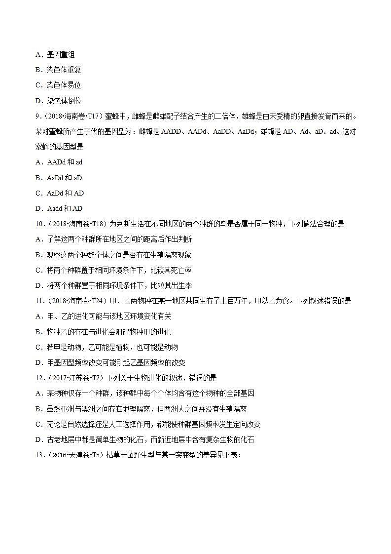 十年高考真题分类汇编(2010-2019)  生物人教版新课标 专题09 生物的变异、育种与进化  Word版无答案原卷版03