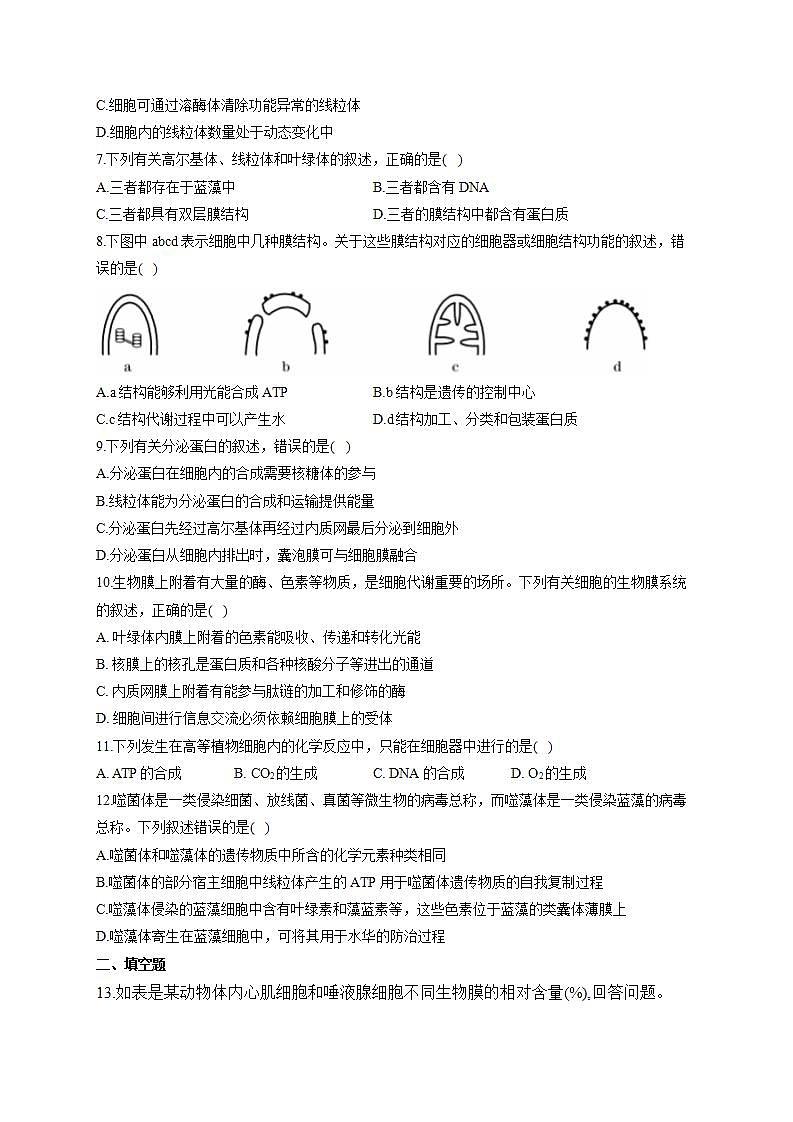 【新教材】2022届高考生物一轮复习同步检测：第二单元 细胞的基本结构和物质的运输 第05讲 细胞器和生物膜系统 基础训练A卷02