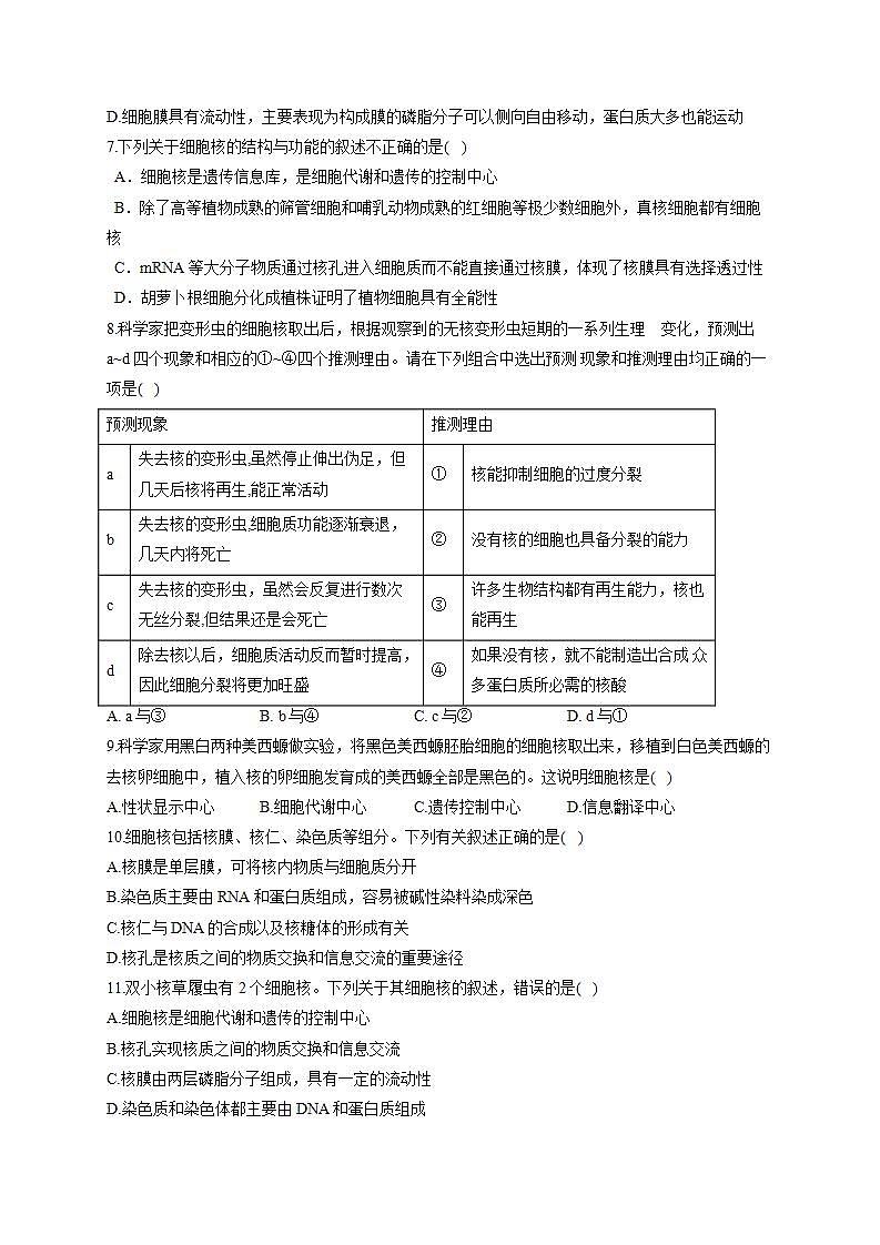 【新教材】2022届高考生物一轮复习同步检测：第二单元 细胞的基本结构和物质的运输 第04讲 细胞膜和细胞核 基础训练A卷02