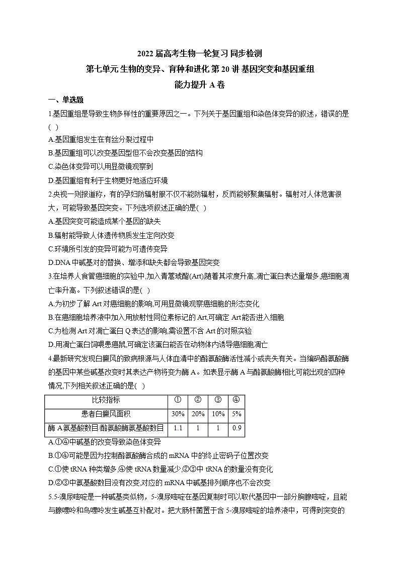【新教材】2022届高考生物一轮复习同步检测：第七单元 生物的变异、育种和进化 第20讲 基因突变和基因重组 能力提升A卷01