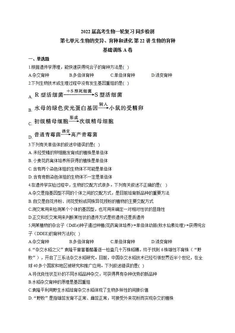 【新教材】2022届高考生物一轮复习同步检测：第七单元 生物的变异、育种和进化 第22讲 生物的育种 基础训练A卷第1页