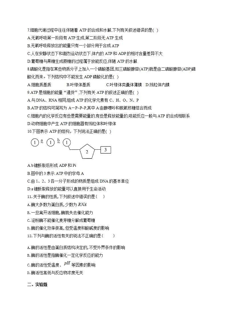 【新教材】2022届高考生物一轮复习同步检测：第三单元 细胞的能量供应和利用 第07讲 酶和ATP 第2课时 基础训练B卷第2页