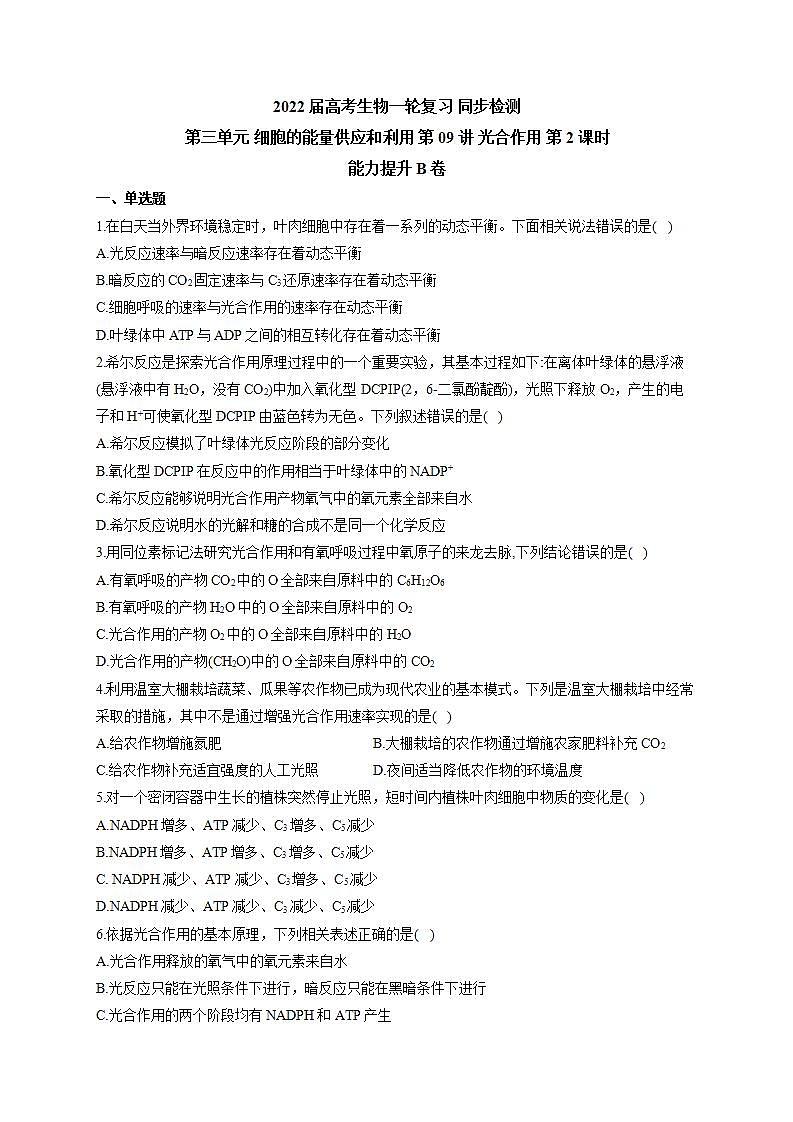 【新教材】2022届高考生物一轮复习同步检测：第三单元 细胞的能量供应和利用 第09讲 光合作用 第2课时 能力提升B卷第1页