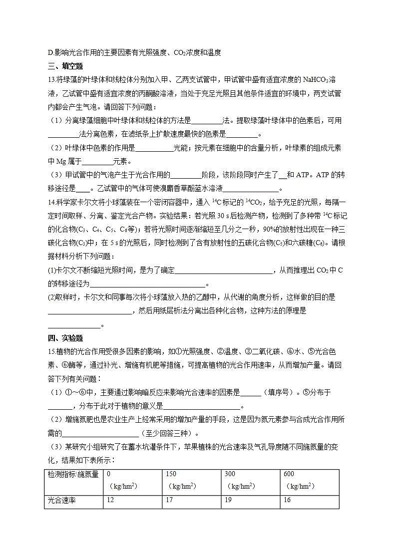 【新教材】2022届高考生物一轮复习同步检测：第三单元 细胞的能量供应和利用 第09讲 光合作用 第2课时 基础训练A卷第3页
