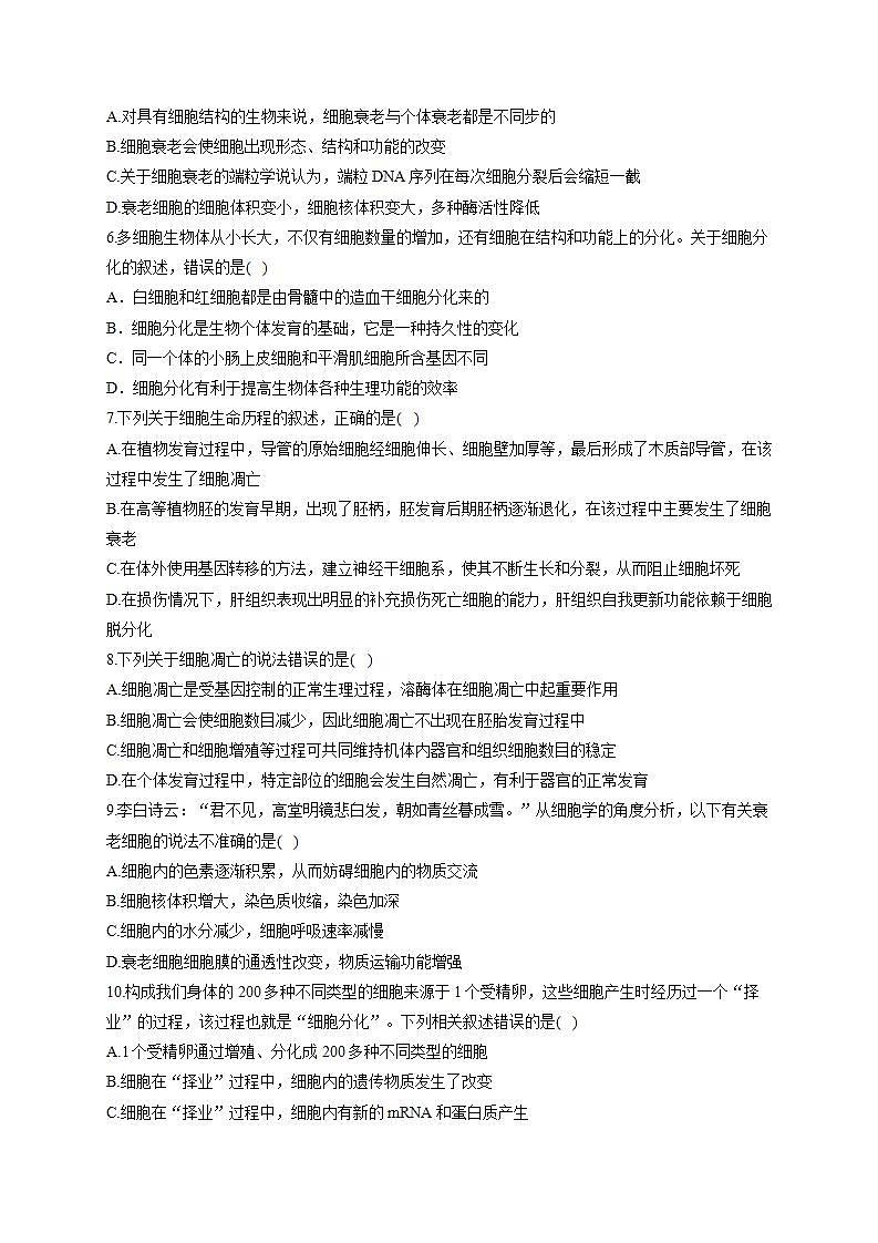【新教材】2022届高考生物一轮复习同步检测：第四单元 细胞的生命历程 第13讲 细胞的分化、衰老、凋亡和癌变 基础训练A卷第2页