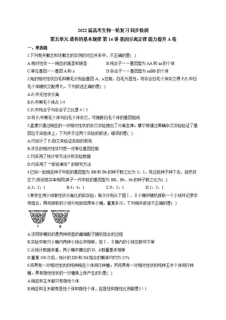 【新教材】2022届高考生物一轮复习同步检测：第五单元 遗传的基本规律 第14讲 基因分离定律 能力提升A卷第1页