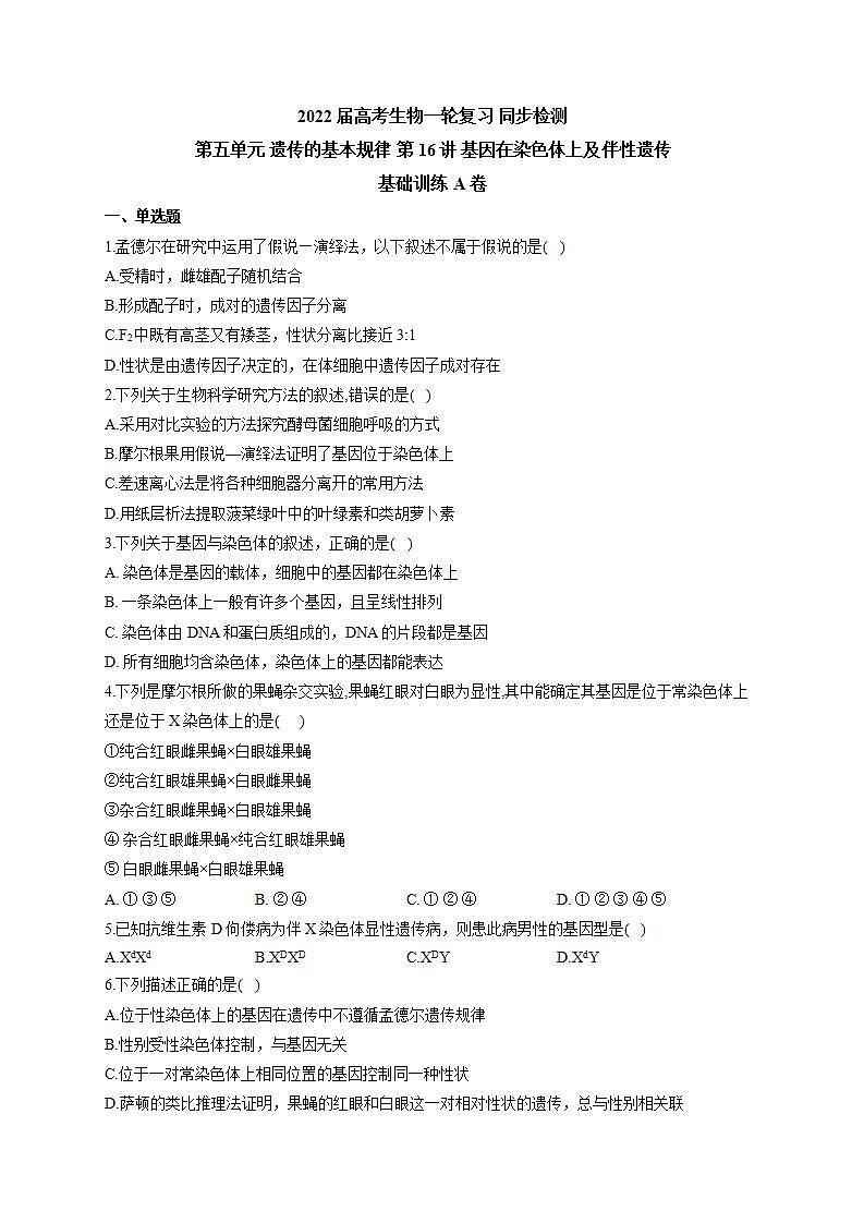 【新教材】2022届高考生物一轮复习同步检测：第五单元 遗传的基本规律 第16讲 基因在染色体上及伴性遗传 基础训练A卷第1页
