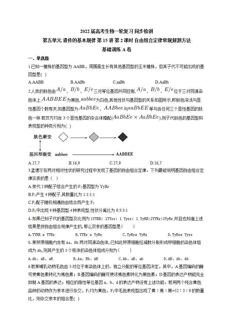 【新教材】2022届高考生物一轮复习同步检测：第五单元 遗传的基本规律 第15讲 第2课时 自由组合定律常规解题方法 基础训练A卷第1页