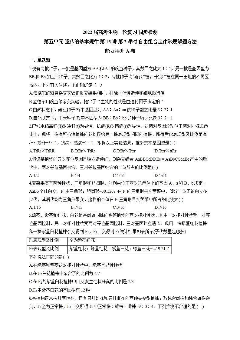 【新教材】2022届高考生物一轮复习同步检测：第五单元 遗传的基本规律 第15讲 第2课时 自由组合定律常规解题方法 能力提升A卷第1页