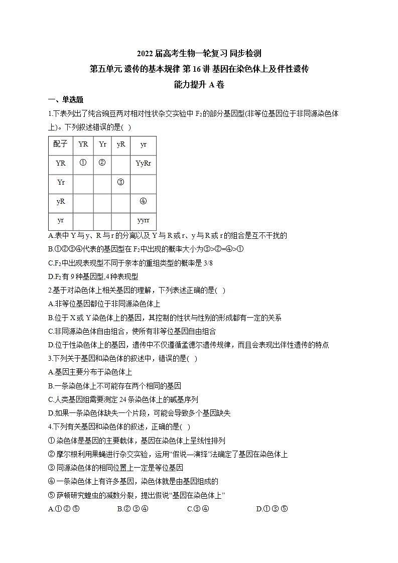 【新教材】2022届高考生物一轮复习同步检测：第五单元 遗传的基本规律 第16讲 基因在染色体上及伴性遗传 能力提升A卷第1页