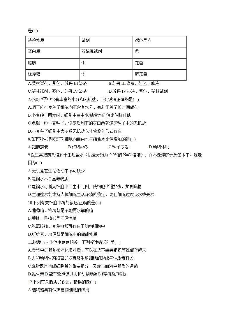 【新教材】2022届高考生物一轮复习同步检测：第一单元 细胞的概述及分子组成 第02讲 无机物、糖类和脂质 基础训练A卷第2页