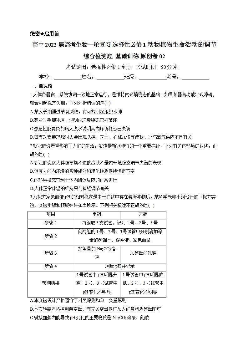 【新教材】2022届高考生物一轮复习同步检测：选择性必修1动物植物生命活动的调节 综合检测题 基础训练02第1页