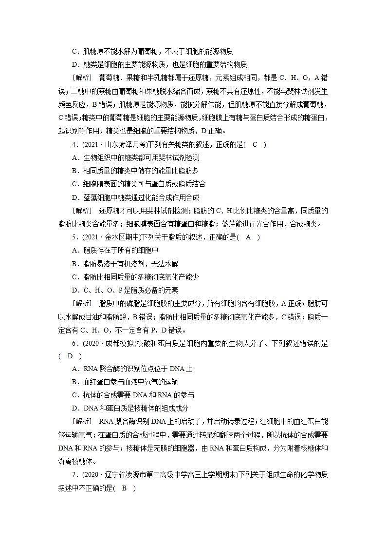 2022届高考生物（人教版）一轮总复习练习：必修1 第1单元 第3讲 细胞中的核酸、糖类和脂质 Word版含答案第2页