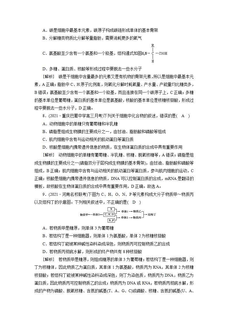2022届高考生物（人教版）一轮总复习练习：必修1 第1单元 第3讲 细胞中的核酸、糖类和脂质 Word版含答案第3页