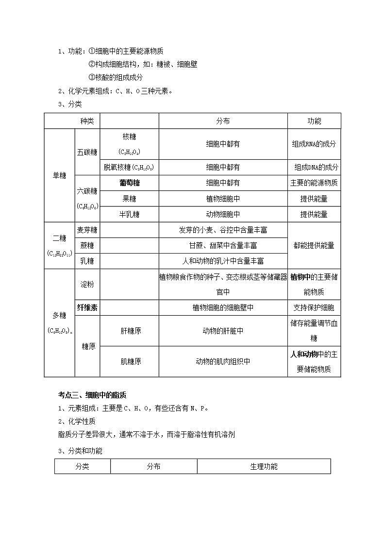 【新教材】2022届高考生物一轮复习讲义：第一单元 细胞的概述及分子组成 第02讲 无机物、糖类和脂质 教案02