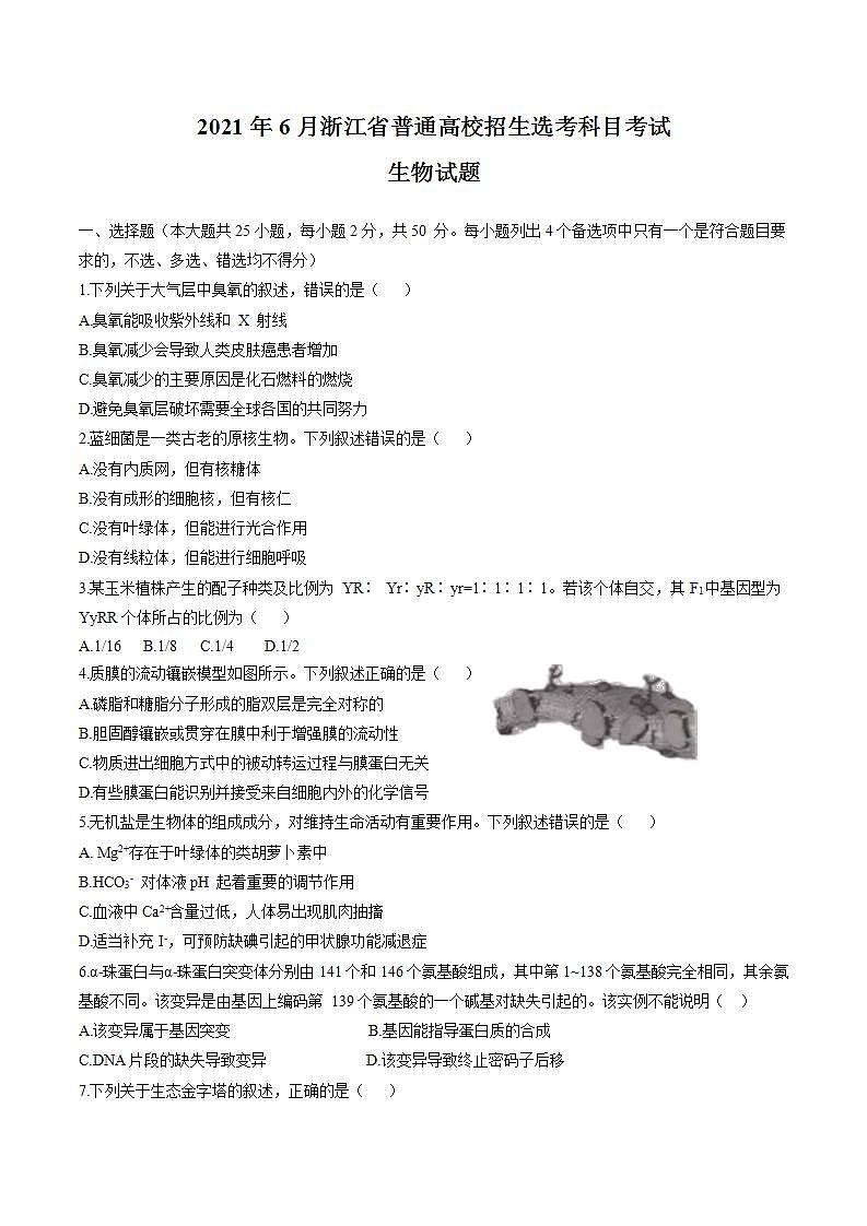（网络收集版）2021年6月浙江生物高考选考真题文档版（含答案）第1页