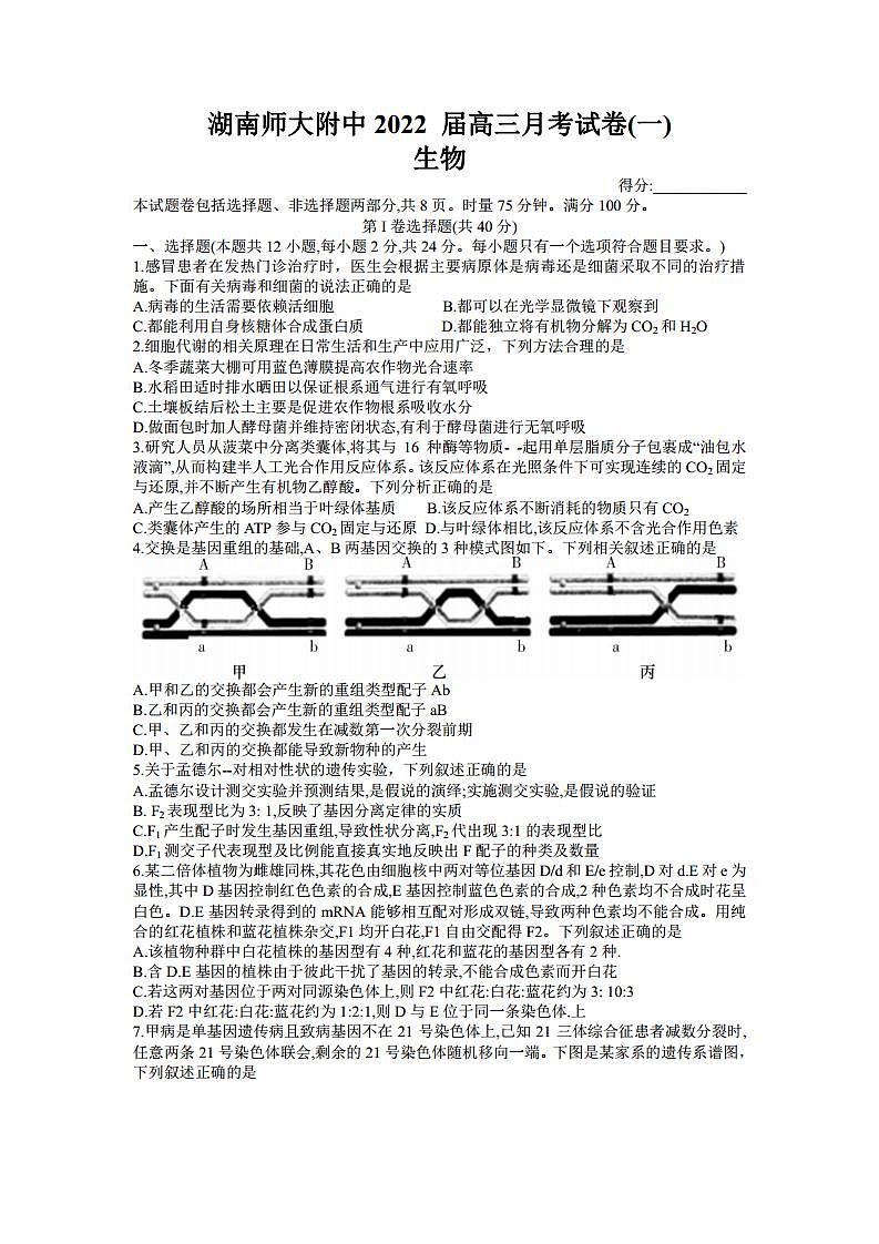 2022届湖南师范大学附属中学高三上学期月考（一）生物试题（PDF版）01