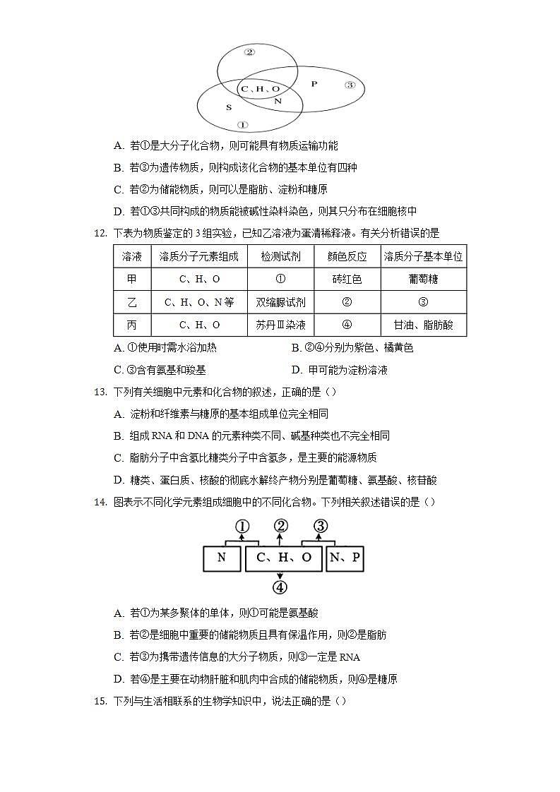 3.2糖类与脂质 同步练习  北师大版（2019）高中生物必修一03