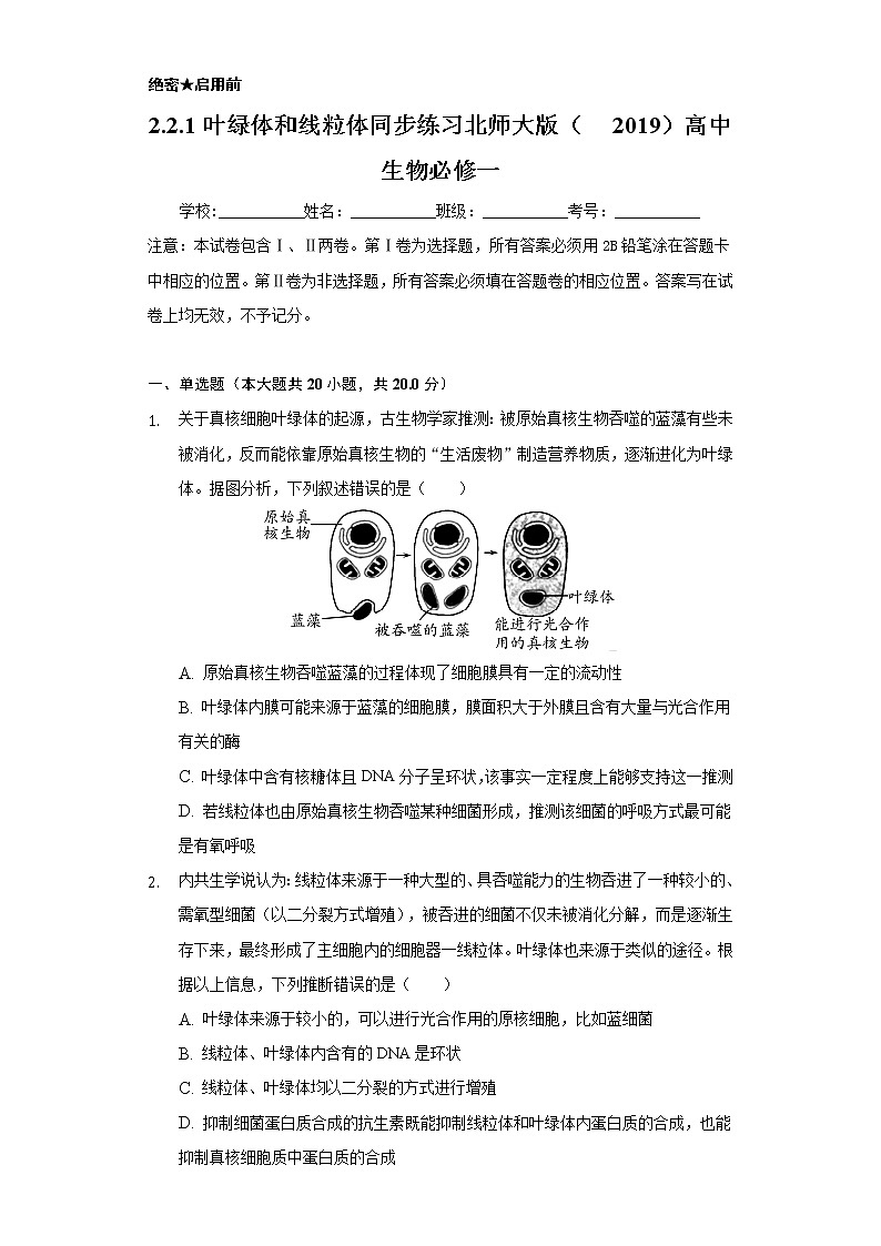 2.2.1叶绿体和线粒体 同步练习  北师大版（2019）高中生物必修一01