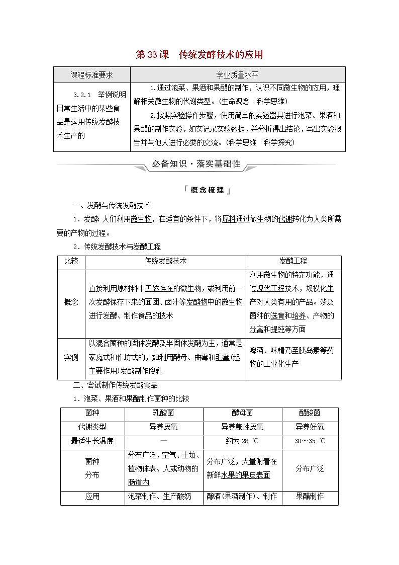 2022版高考生物一轮复习第10单元生物技术与工程第33课传统发酵技术的应用学案新人教版第1页