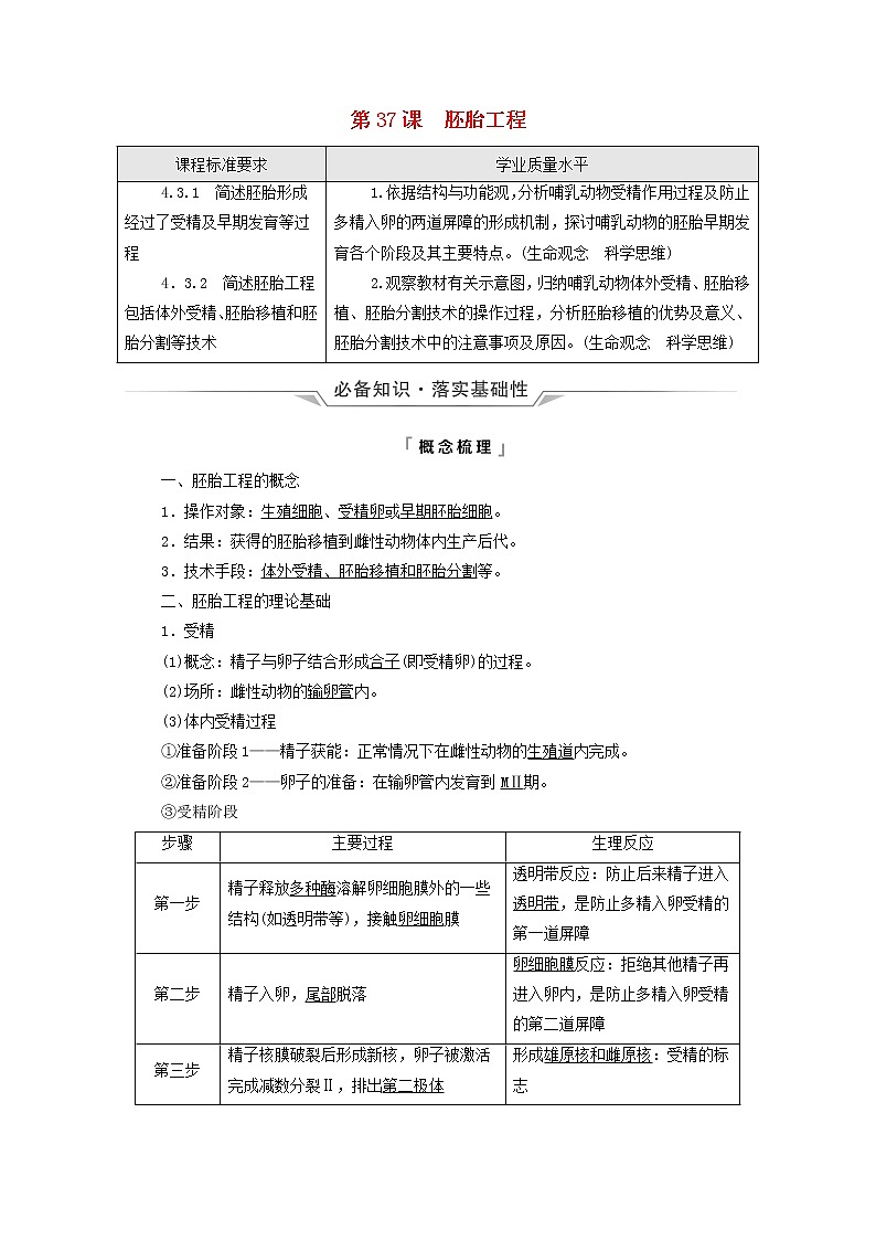 2022版高考生物一轮复习第10单元生物技术与工程第37课胚胎工程学案新人教版第1页