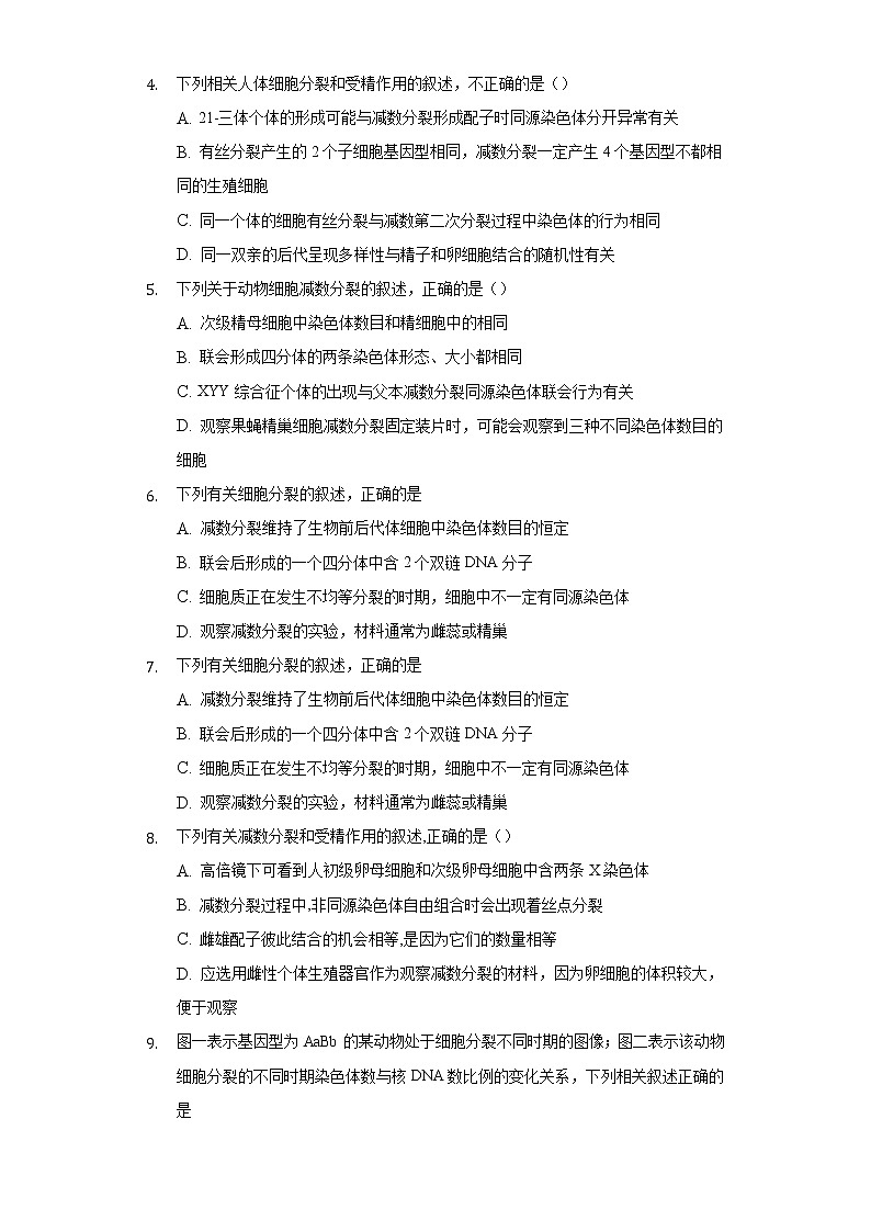 1.1减数分裂和受精作用  同步练习苏教版(2019)高中生物必修一02