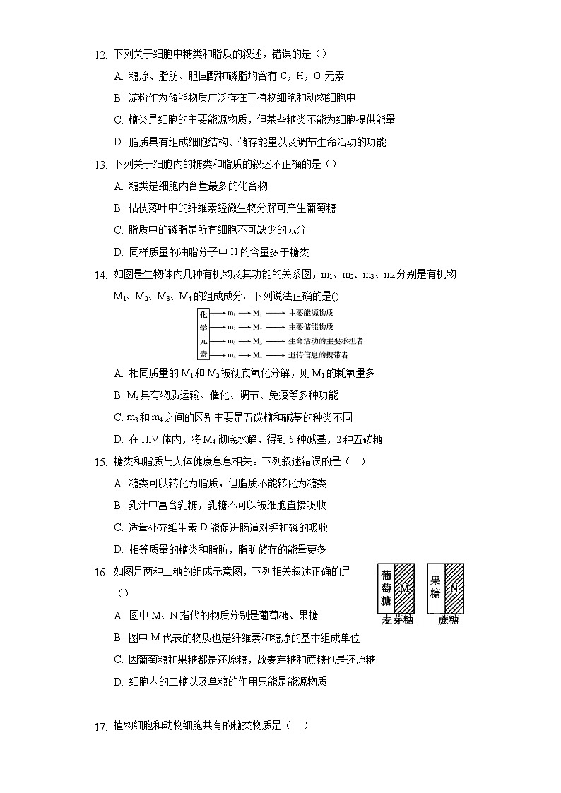 1.2.2糖类是细胞的重要结构成分和主要能源物质  同步练习苏教版(2019)高中生物必修一03