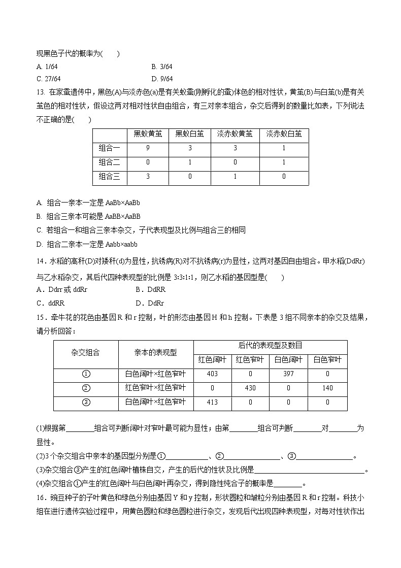 高中生物人教版必修二 1.2 孟德尔的豌豆杂交实验（二）课后作业3第3页