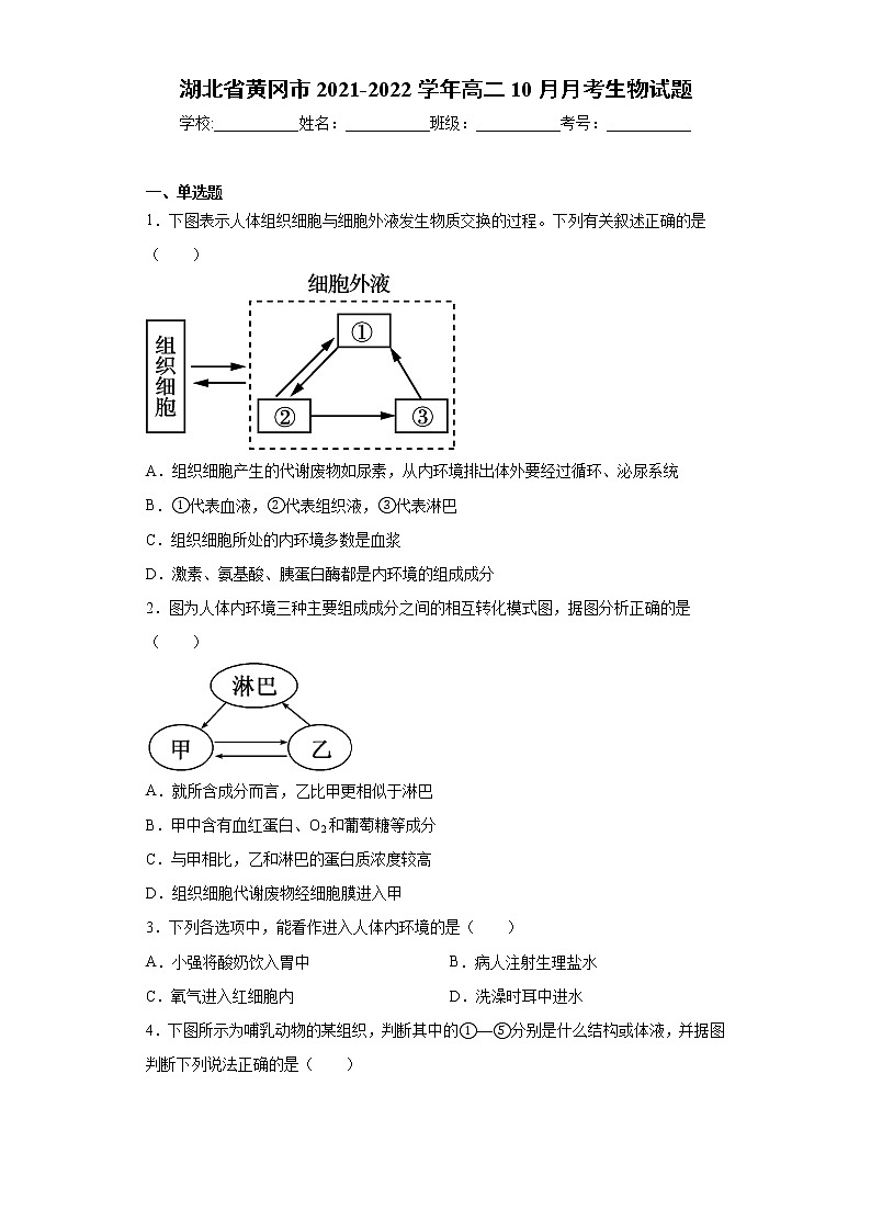 湖北省黄冈市2021-2022学年高二10月月考生物试题（word版含答案）第1页