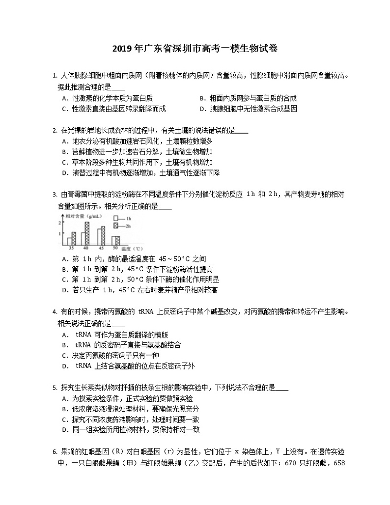 2019年广东省深圳市高考一模生物试卷（含解析）第1页