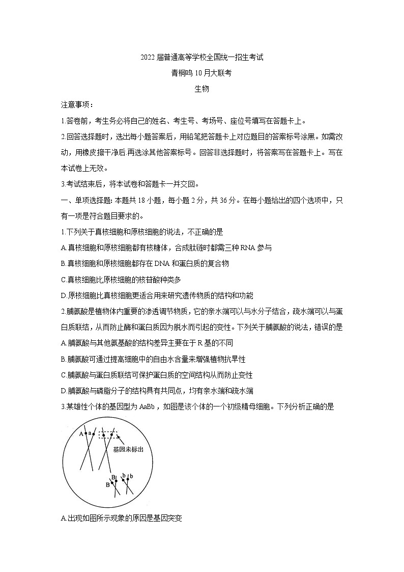 2022届高三普通高等学校全国统一招生考试青桐鸣10月大联考 生物 含答案第1页