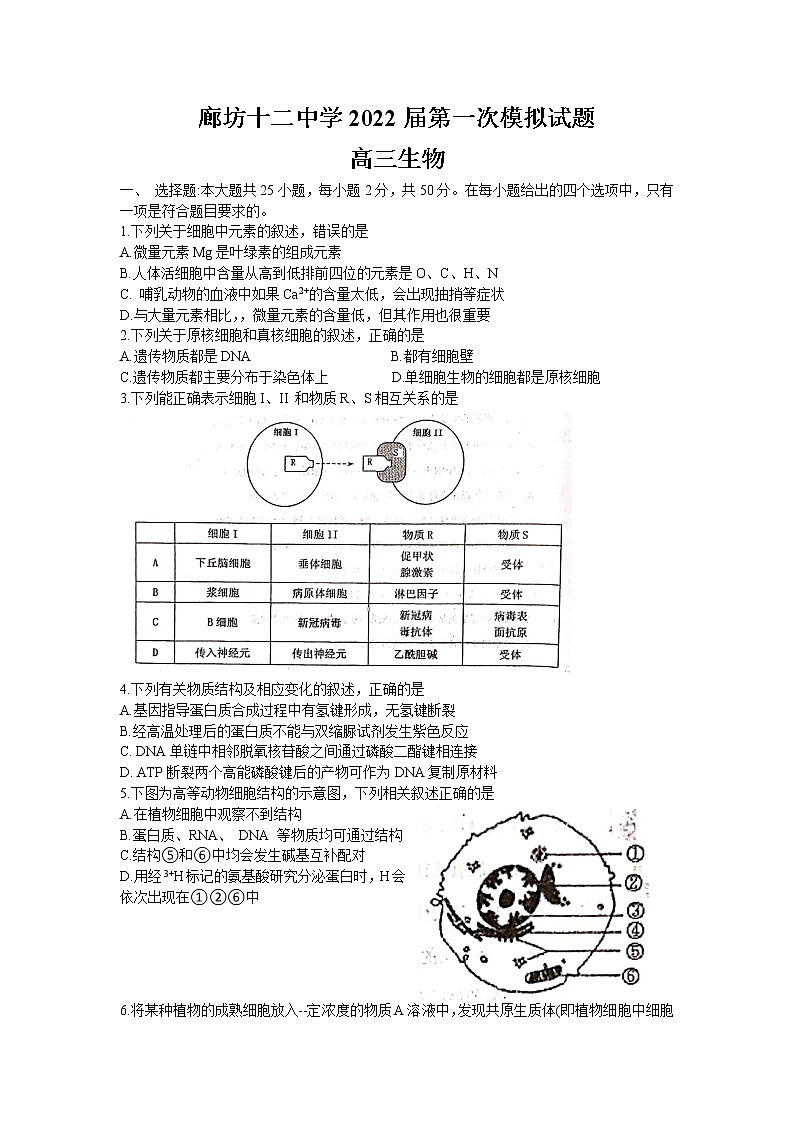 河北省廊坊市第十二中学2022届高三上学期第一次模拟考试生物试题 含答案第1页