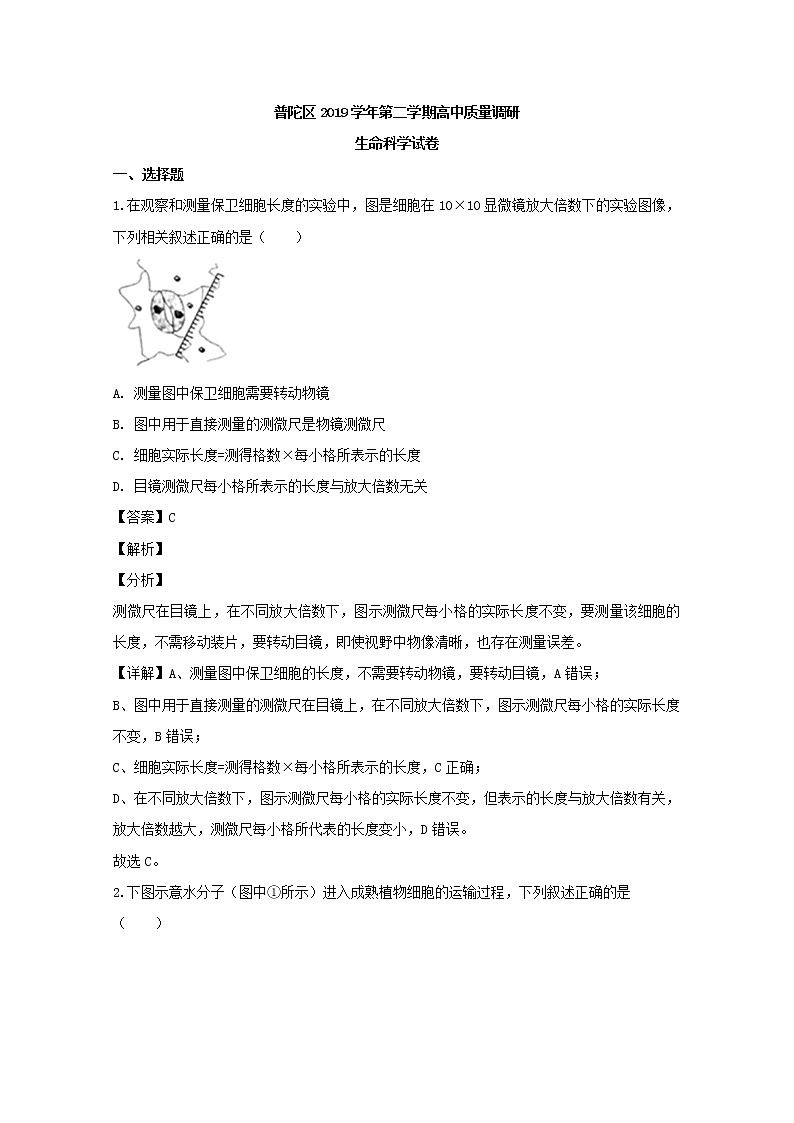 上海市普陀区2020届高三二模考试生物试题+Word版含解析01