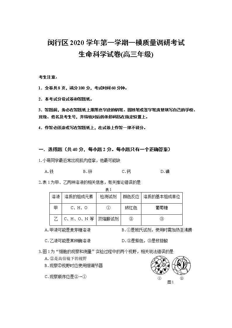 上海市闵行区2021届高三一模考试生物试卷+Word版含答案第1页