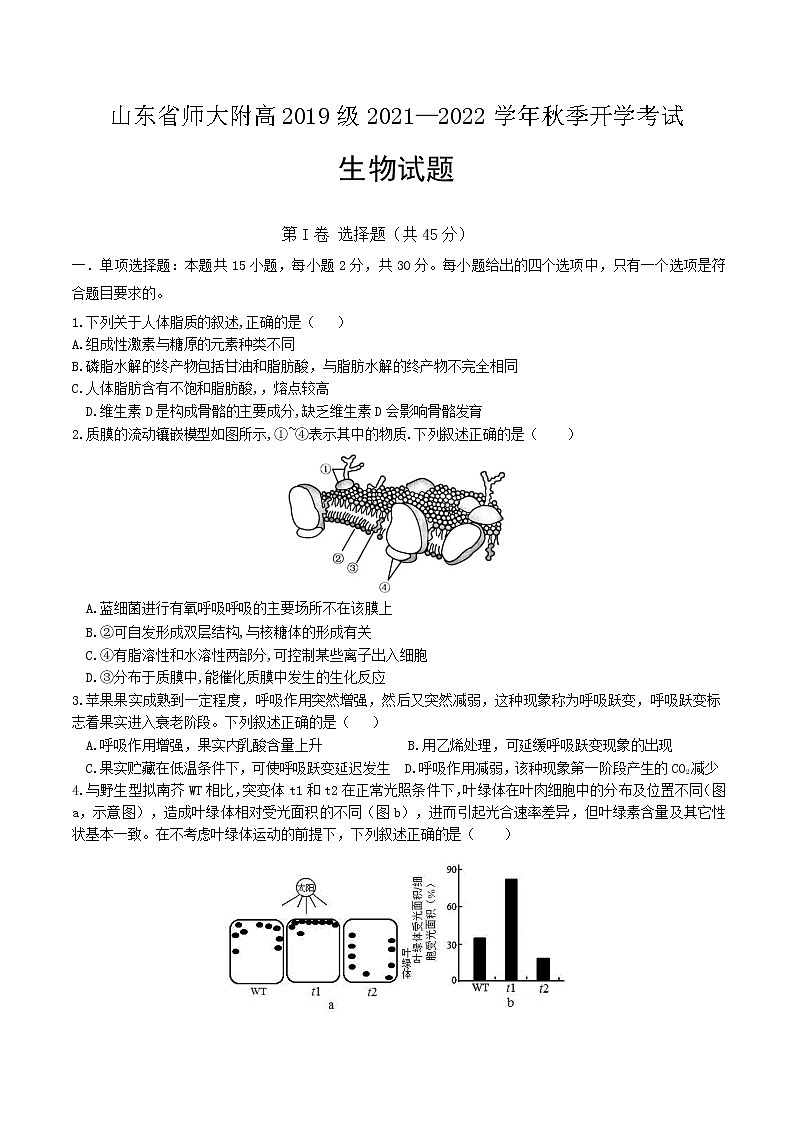 2021-2022学年山东省师大附高高三上学期开学生物考试试题含答案01