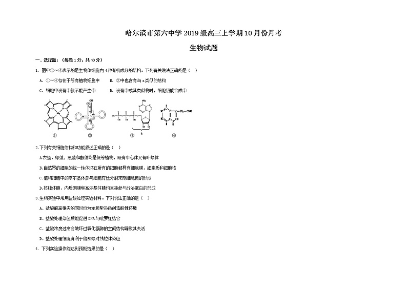 黑龙江省哈尔滨市第六中学2022届高三上学期第一次月考生物试题 Word版含答案第1页