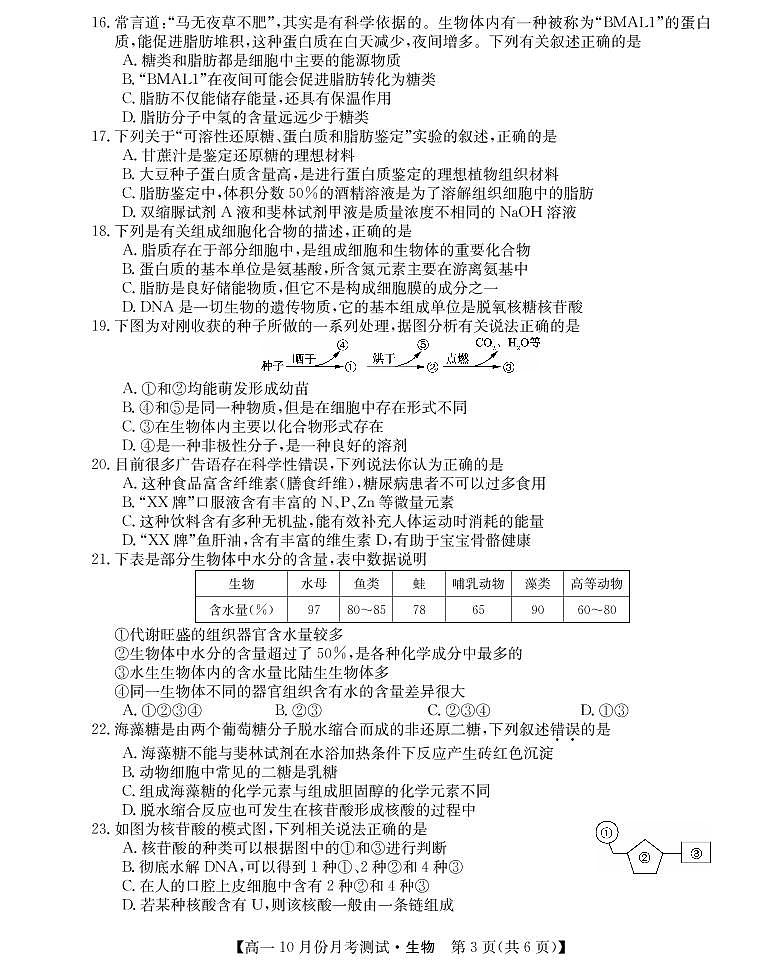 山西省运城市2021-2022学年高一上学期10月月考生物试题 PDF版含答案第3页