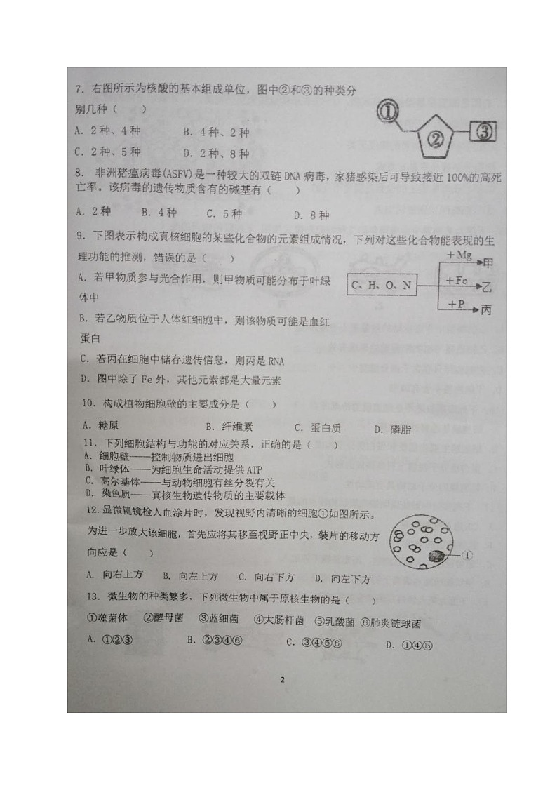 江苏省盐城市伍佑中学2021-2022学年高二上学期第一次阶段考试生物（必修）试题 扫描版含答案第2页