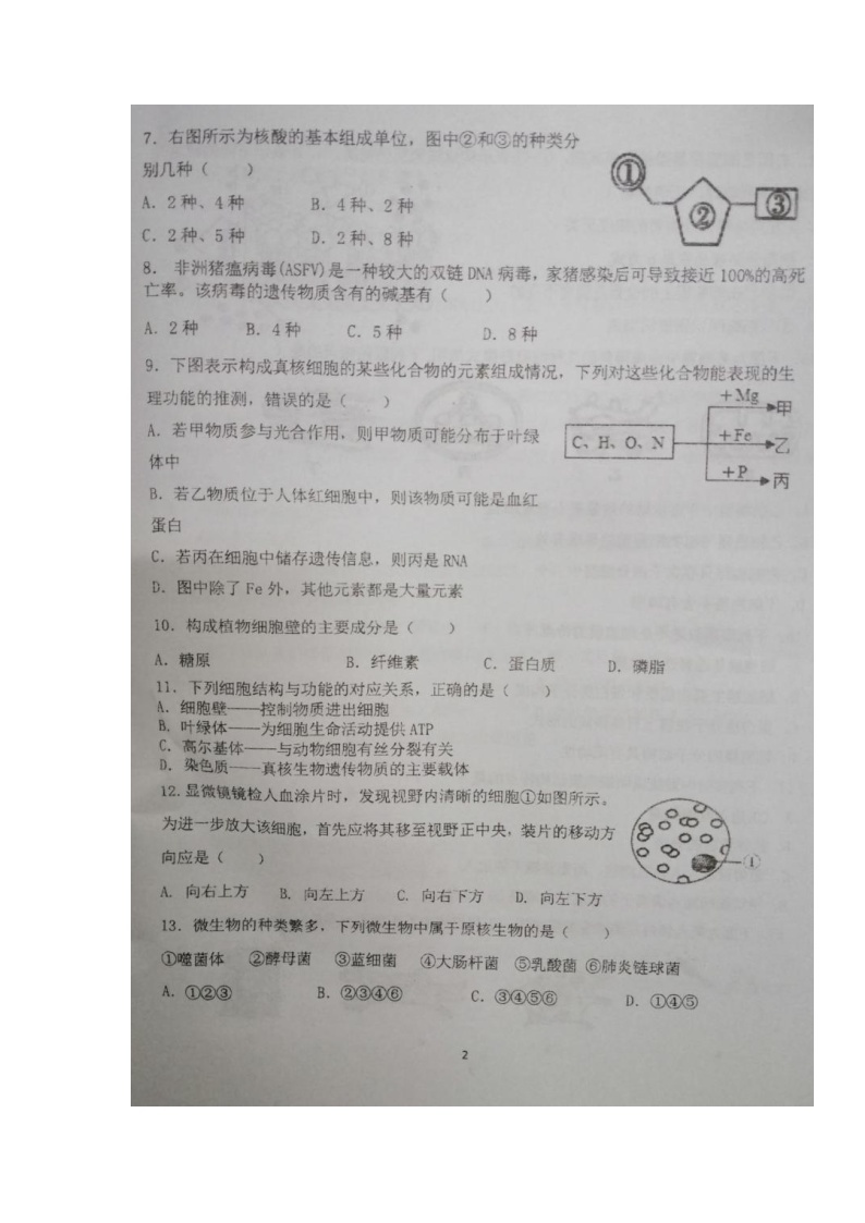 江苏省盐城市伍佑中学2021-2022学年高二上学期第一次阶段考试生物（必修）试题 扫描版含答案02