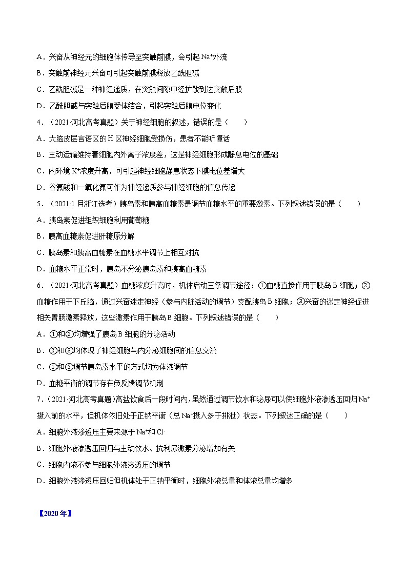专题08 神经调节与体液调节-十年（2012-2021）高考生物真题分项汇编（全国通用）（原卷版）第2页
