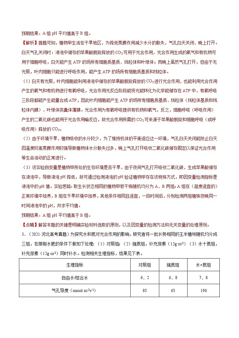 专题14 光合作用与呼吸作用综合-十年（2012-2021）高考生物真题分项汇编（全国通用）（解析版）03