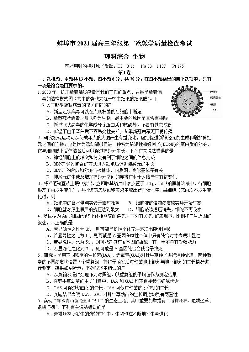 2021年安徽省蚌埠高三二模生物试卷及答案第1页