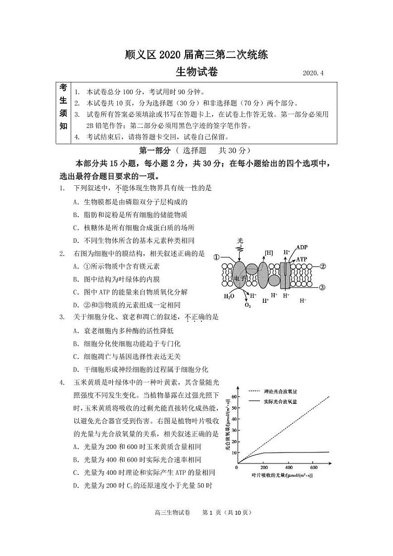 2020年北京市顺义区高三二模生物试题及答案01