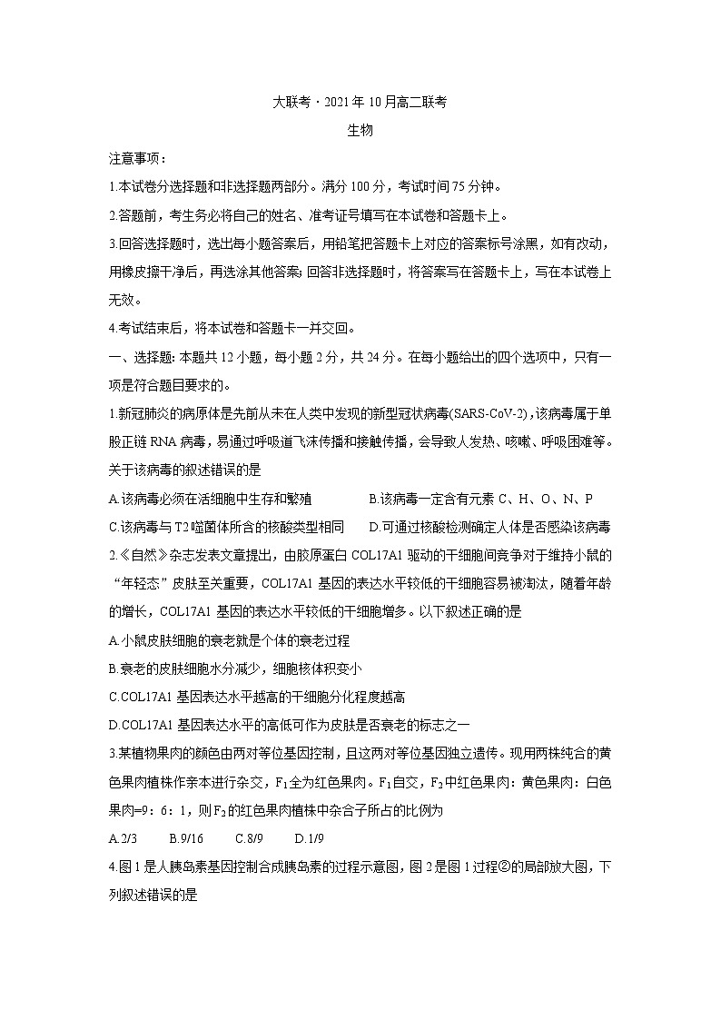 湖南省湖湘大联考2021-2022学年高二上学期10月大联考 生物 含答案第1页