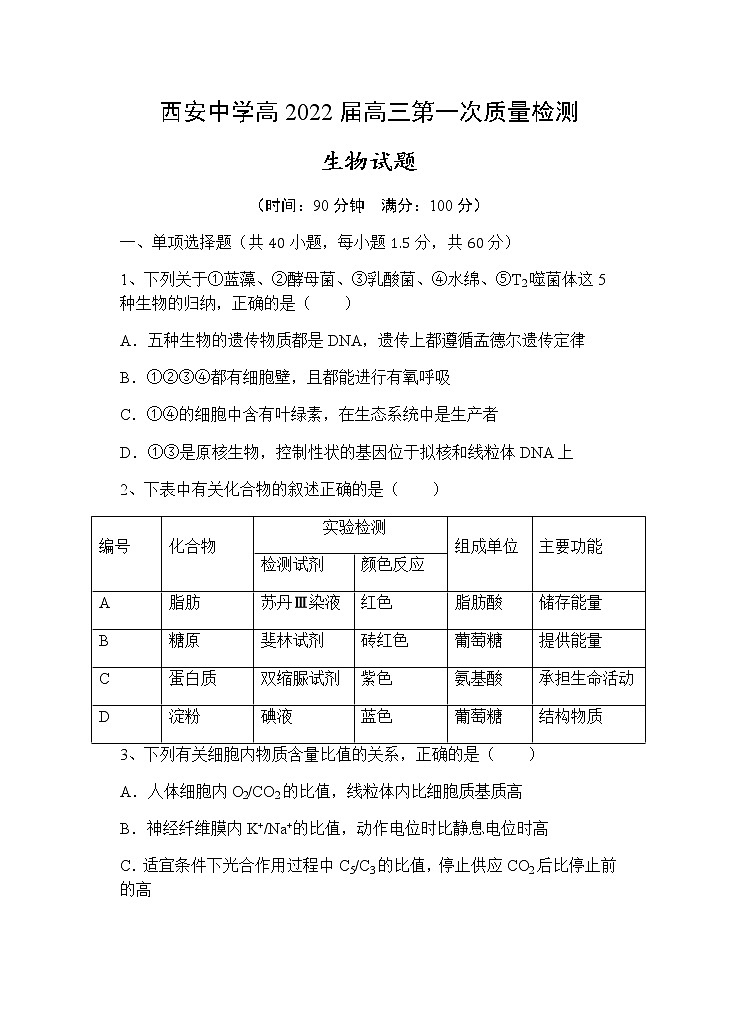陕西省西安中学2022届高三上学期第一次月考生物试题 Word版含答案第1页