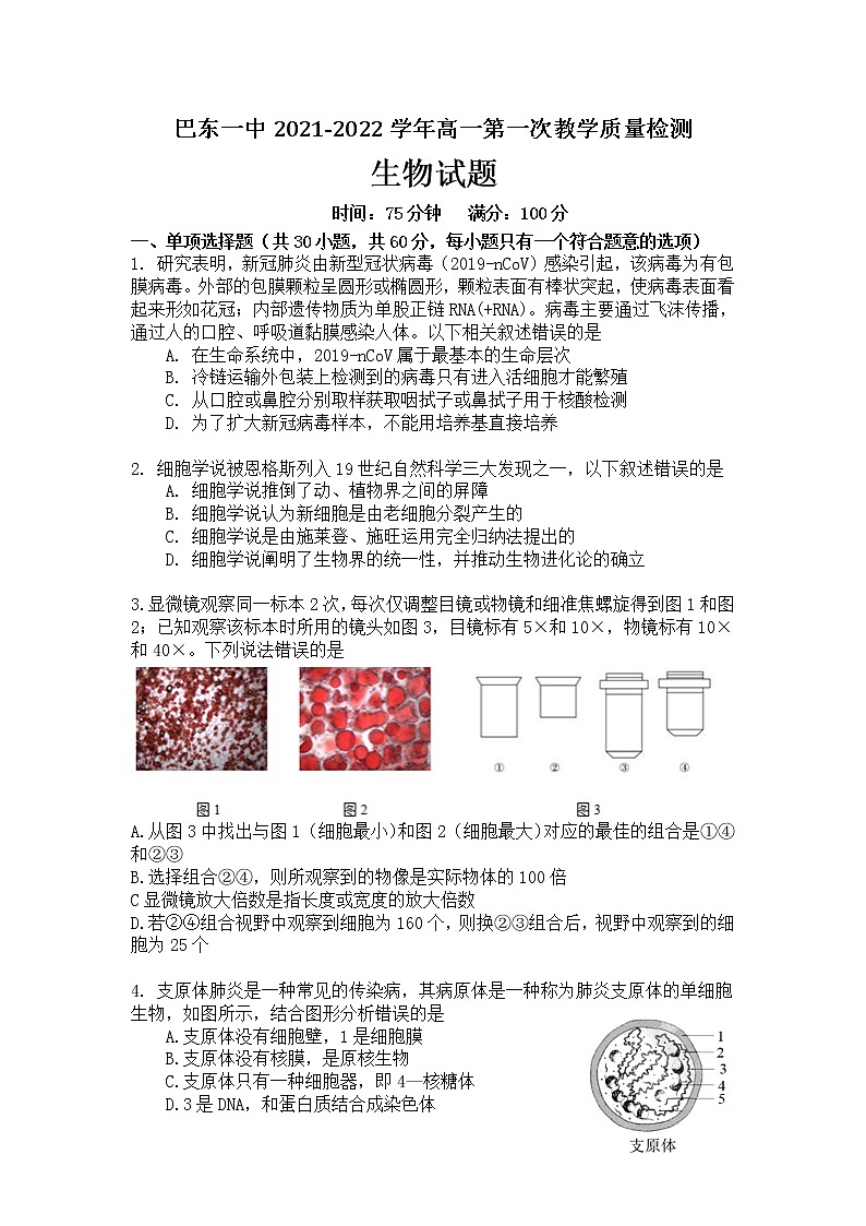 湖北省巴东县第一高级中学2021-2022学年高一上学期第一次教学质量检测生物试题 含答案01