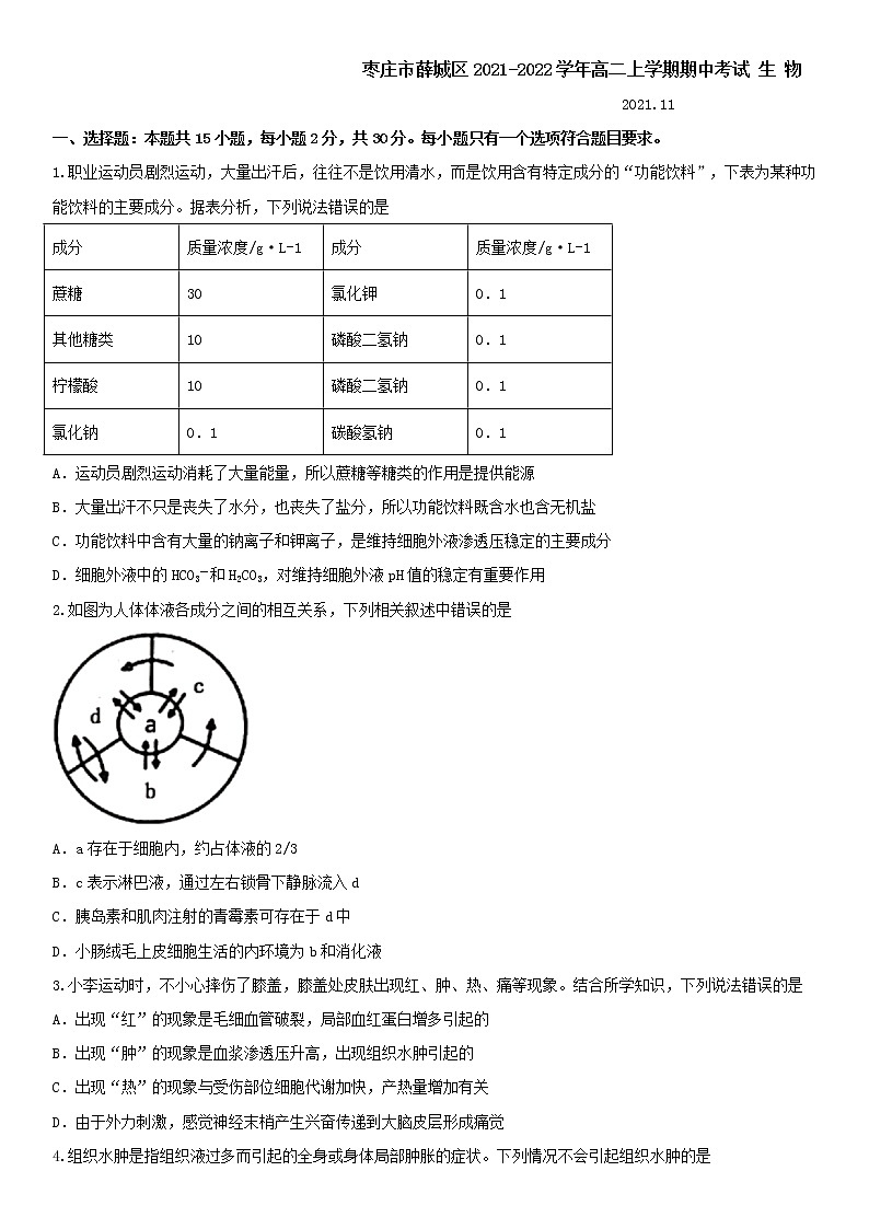 山东省枣庄市薛城区2021-2022学年高二上学期期中考试生物试题含答案01