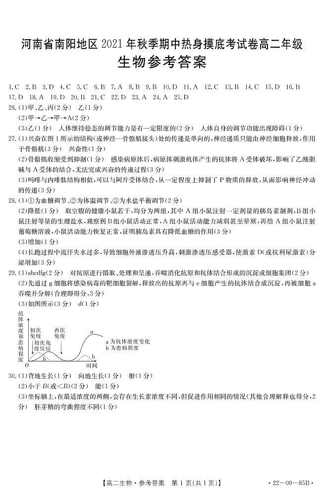 河南省南阳地区2021-2022学年高二上学期期中热身摸底考试生物试题扫描版含答案01