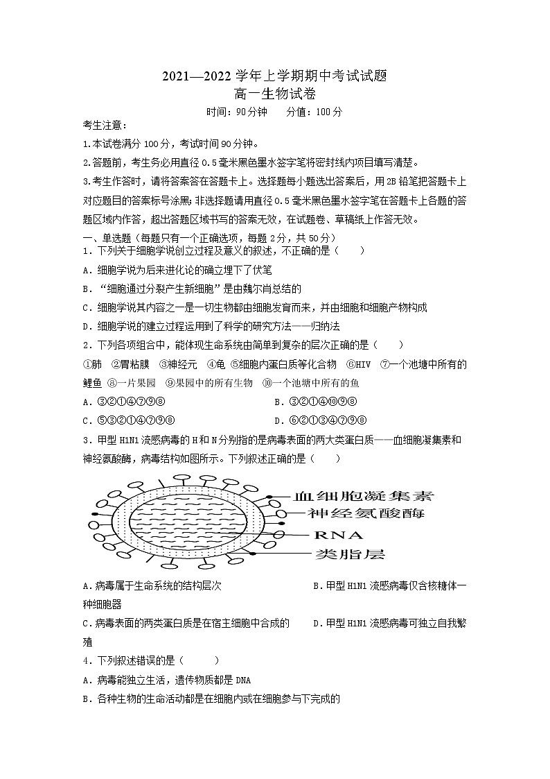河南省焦作市县级重点中学2021-2022学年高一上学期期中考试生物试题含答案01