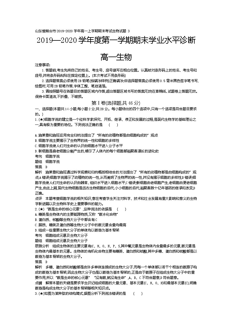 3、山东省烟台市2019-2020学年高一上学期期末考试生物试题（教师版）01